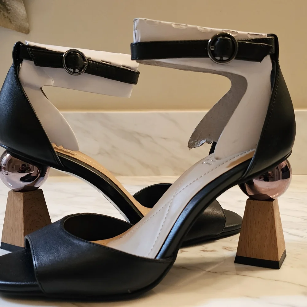 Alfani Black Leather Open-Toe Ankle-Strap Heels with Wood-Tone Block Heel